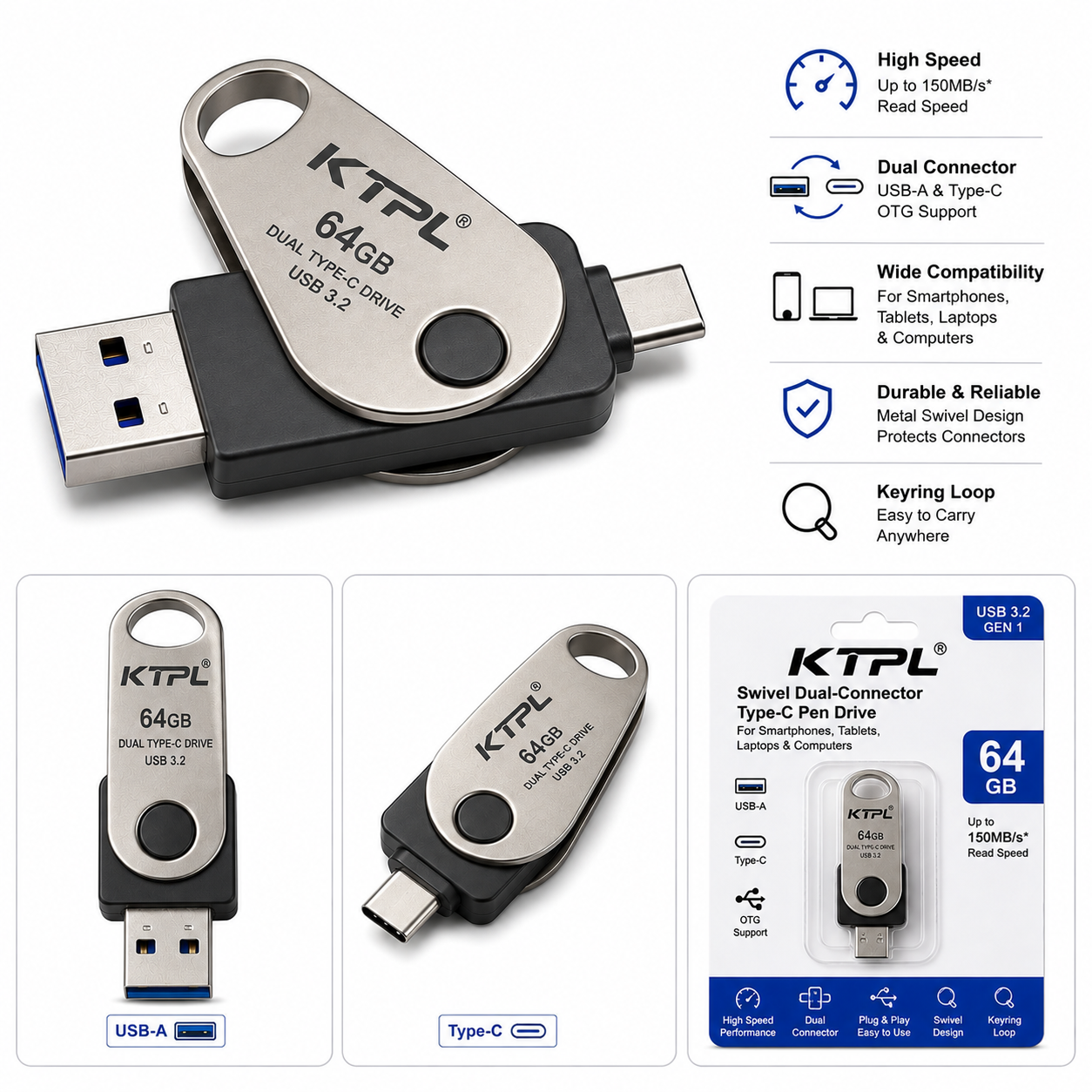 64GB Swivel Dual-Connector Type-C Pen Drive (Variant E5)