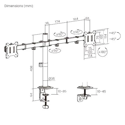 Dual Monitor Gas Spring Adjustable Arm Mount (Variant T20)