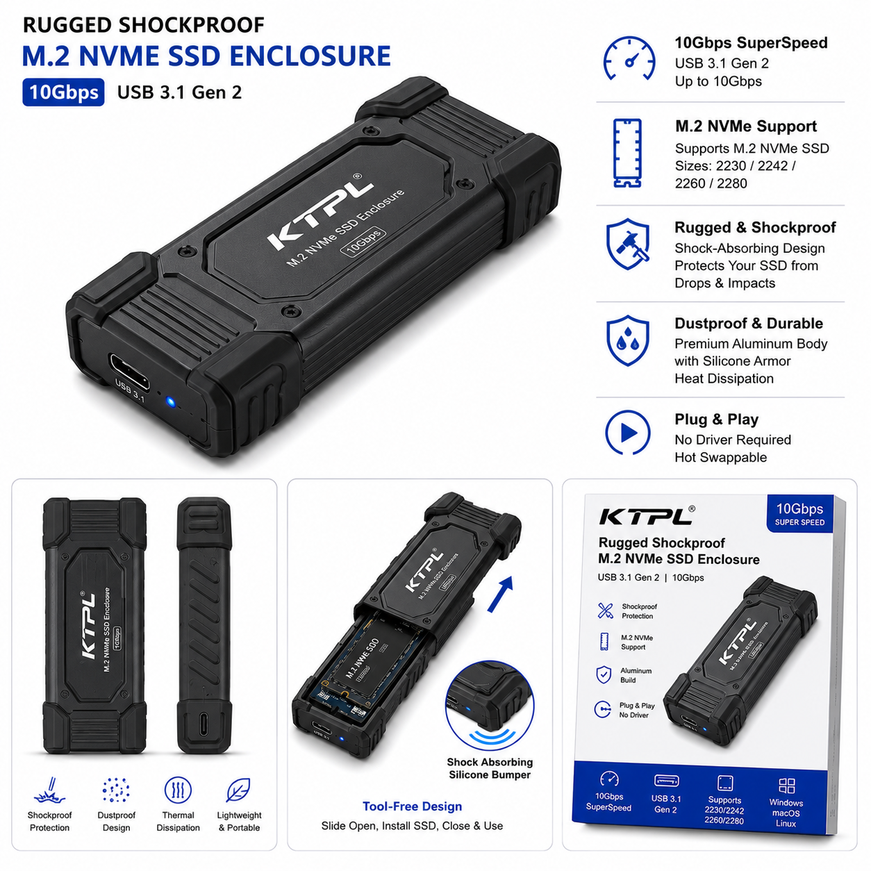 Rugged Shockproof M.2 NVMe SSD Enclosure (Variant D4)