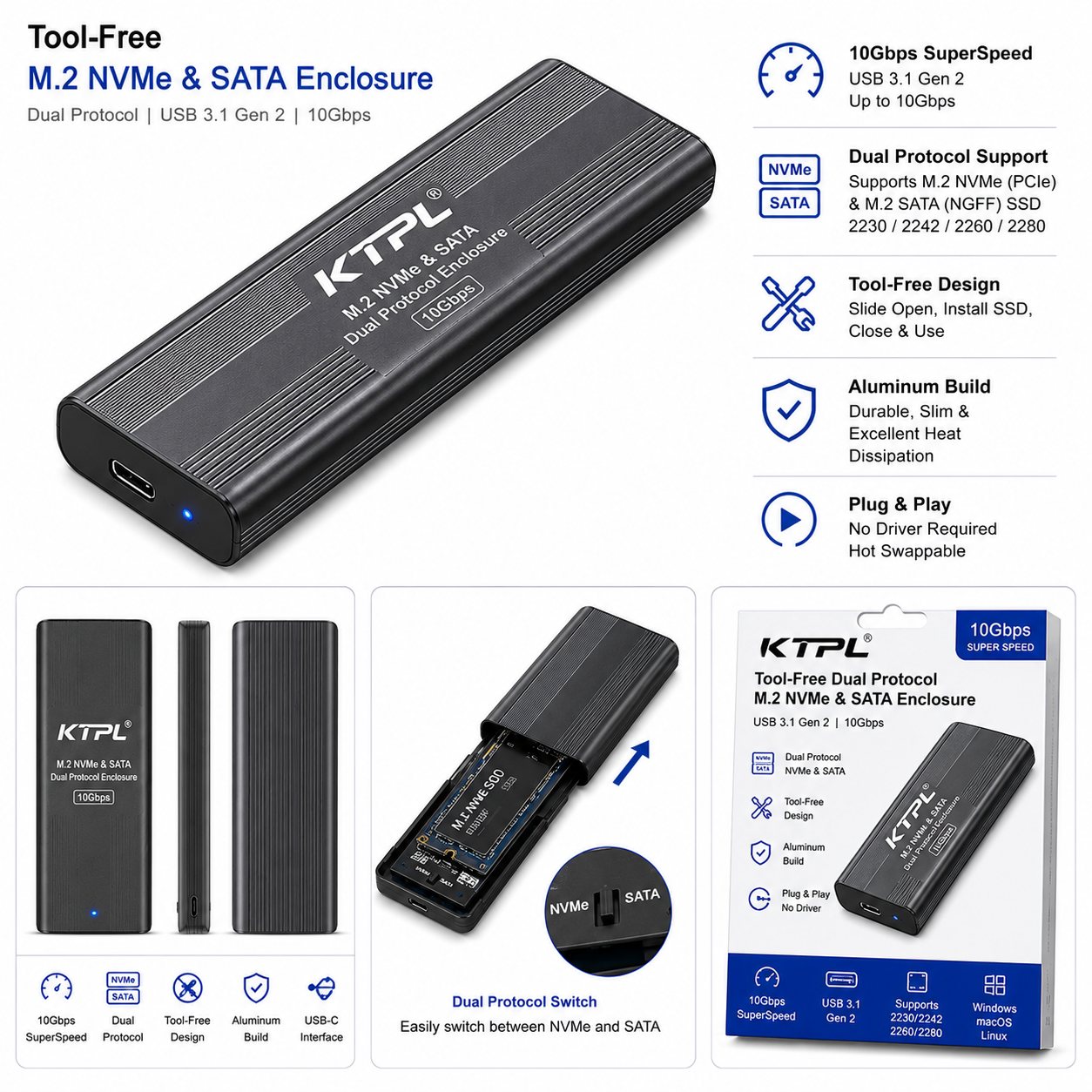 Tool-Free Dual Protocol M.2 NVMe & SATA Enclosure (Variant C3)