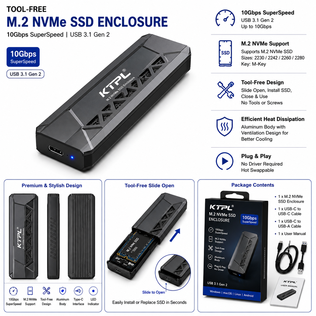 Tool-Free M.2 NVMe SSD Enclosure 10Gbps (Variant G7)