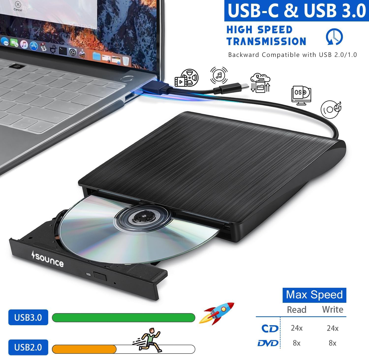 USB 3.0 & Type-C External DVD RW Drive Burner (Variant Y25) view 2